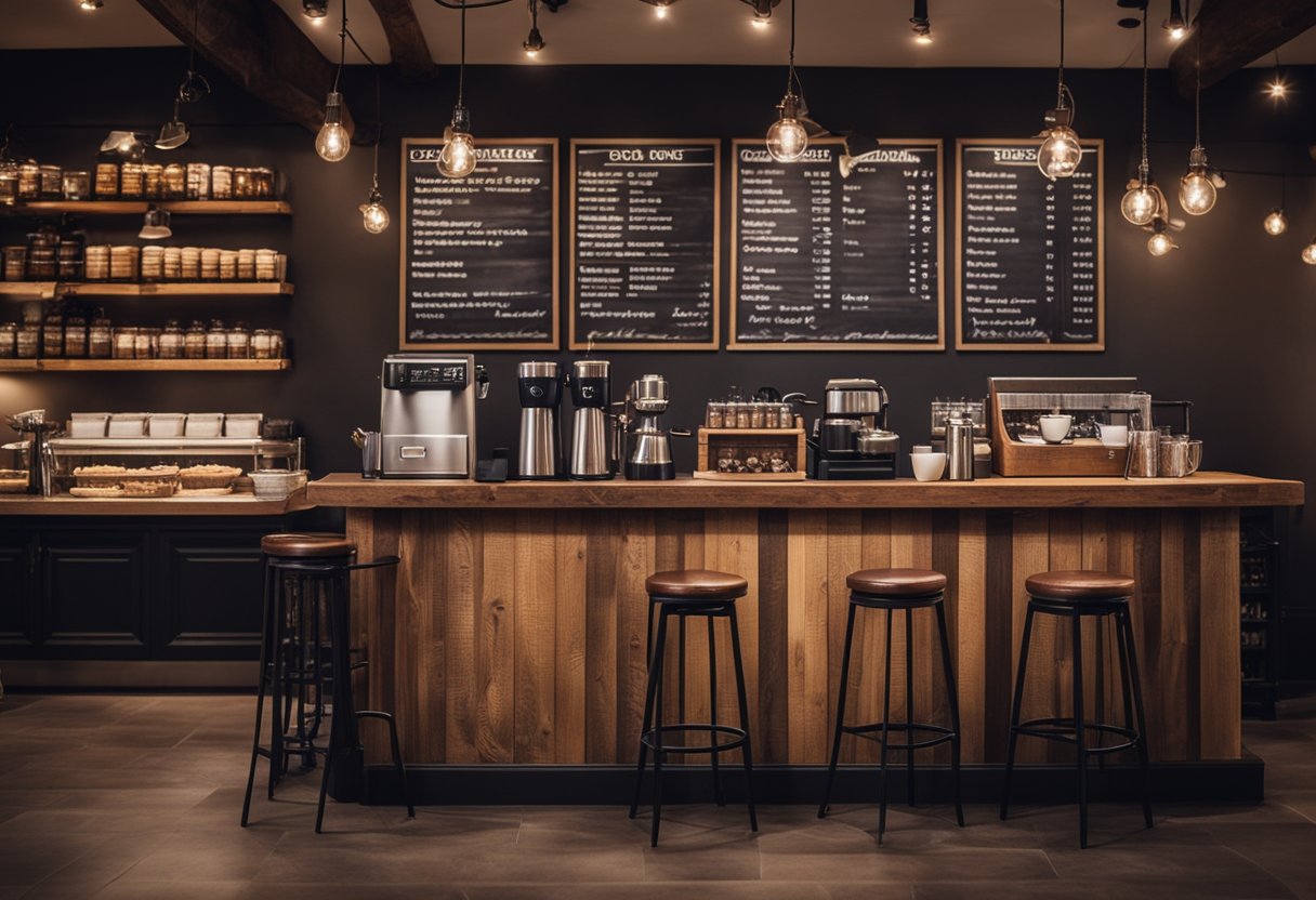 A cozy coffee shop with warm lighting, comfortable seating, and rustic decor. A chalkboard menu and shelves of coffee beans add to the inviting atmosphere