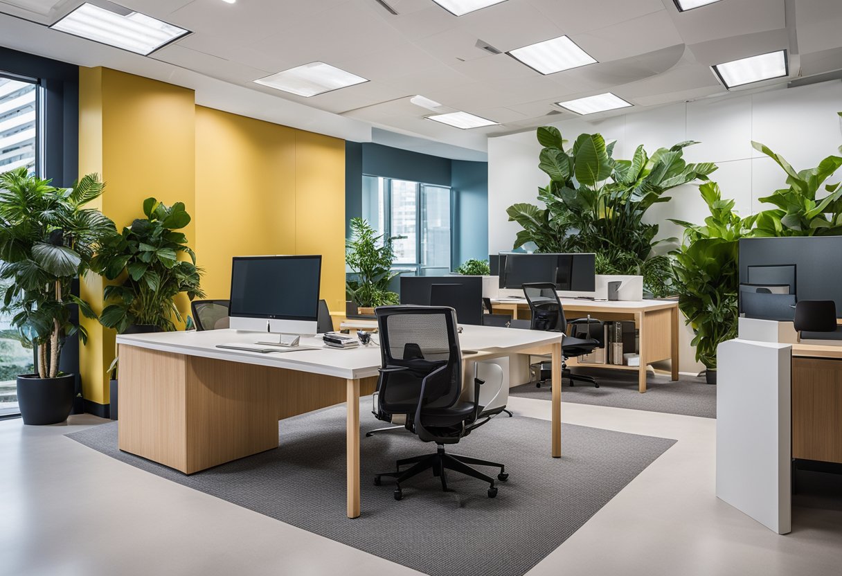 A modern office with sleek furniture, vibrant accent walls, and abundant natural light. Plants and artwork add a touch of nature and creativity to the space