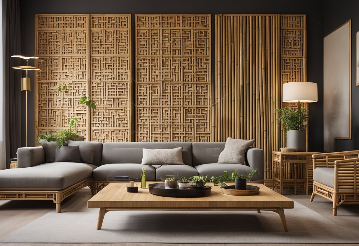 A modern living room with bamboo furniture and accents, featuring a sleek bamboo coffee table, chairs, and decorative bamboo wall panels