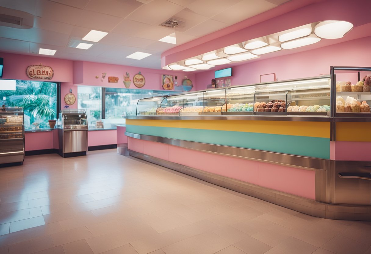 The ice cream parlour interior features bright, pastel colors, retro decor, and a central display case showcasing a variety of delicious ice cream flavors