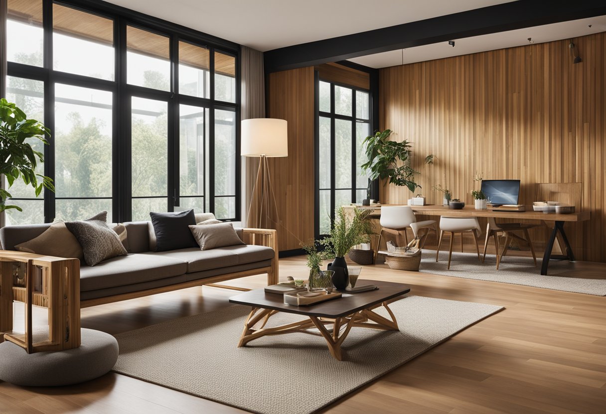 A modern living room with bamboo flooring, wall paneling, and furniture. Natural light streams in through large windows, illuminating the clean lines and earthy tones of the bamboo design elements