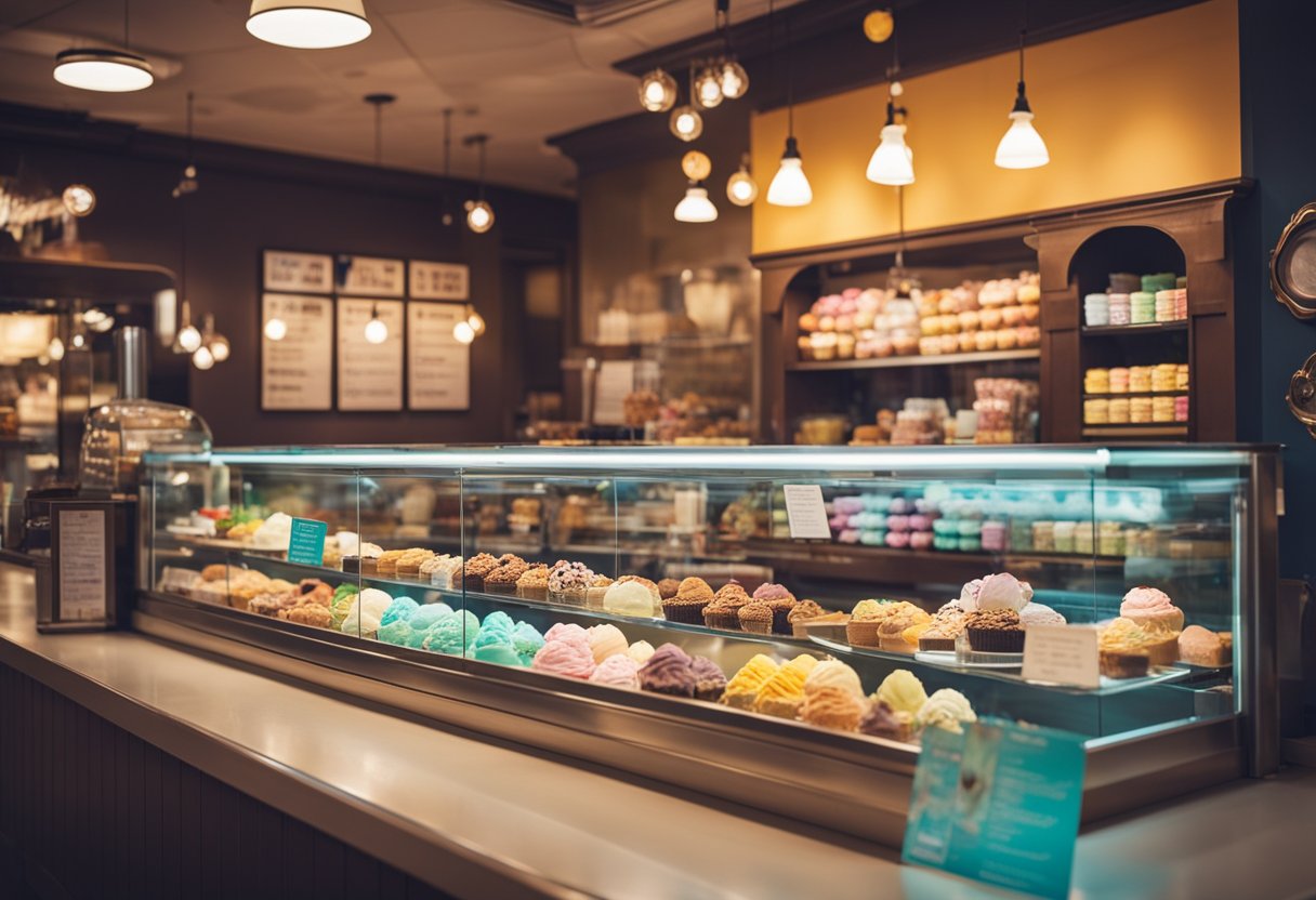 The ice cream parlour is vibrant and inviting, with colorful decor and cozy seating. A display case showcases a variety of delicious ice cream flavors, while a menu board lists the available options. Customers chat and enjoy their sweet treats in the lively atmosphere