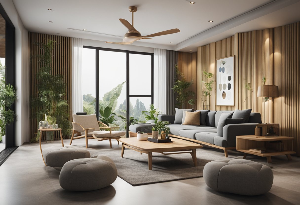 A modern living room with bamboo furniture and decor, showcasing various interior design ideas
