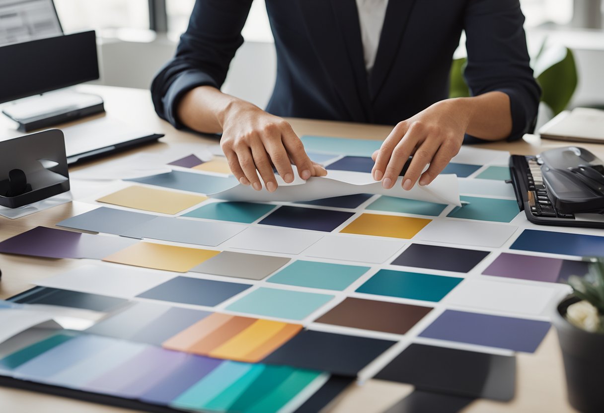 An interior designer arranging a FAQ display with various design elements and color swatches on a sleek, modern desk