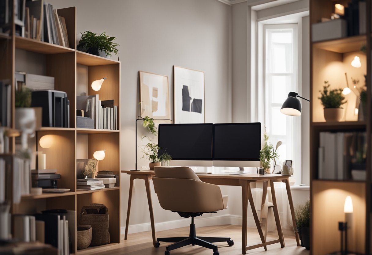 A cozy, clutter-free room with a desk, bookshelves, and a comfortable chair. Warm lighting and a neutral color scheme create a welcoming atmosphere