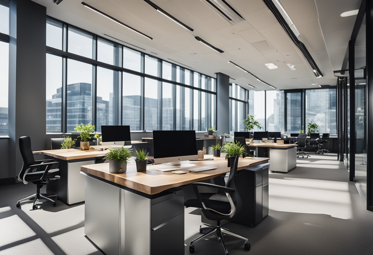 The modern office space features sleek furniture and vibrant accents, with ample natural light and a spacious layout