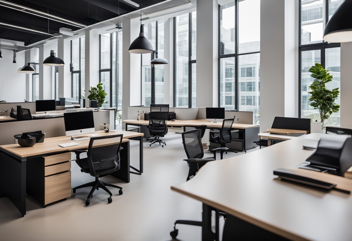 An open-concept office with modern furniture, vibrant accent colors, and ample natural light. Clean lines and minimalistic design create a welcoming and professional atmosphere