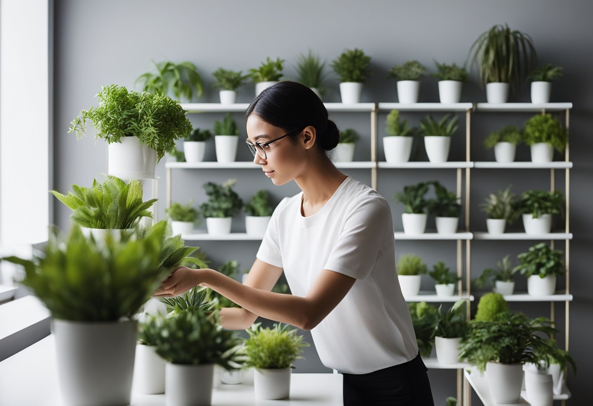 A person arranging artificial plants in a modern, minimalist interior space. A variety of plants in different sizes and shapes are being carefully placed in various corners and shelves to enhance the overall aesthetic of the room