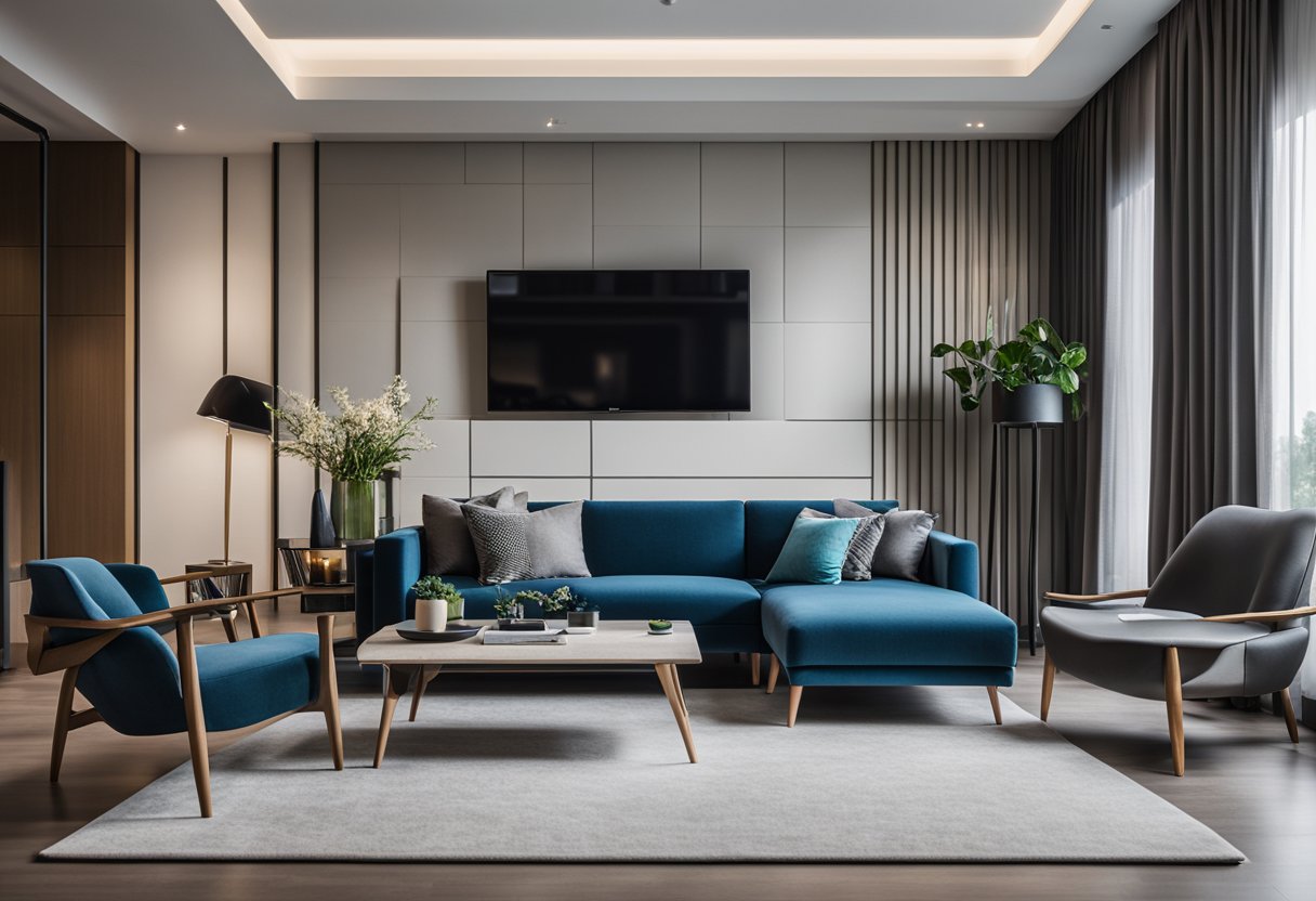 A sleek, modern living room with clean lines, pops of color, and innovative use of space for the Singapore Interior Design Awards