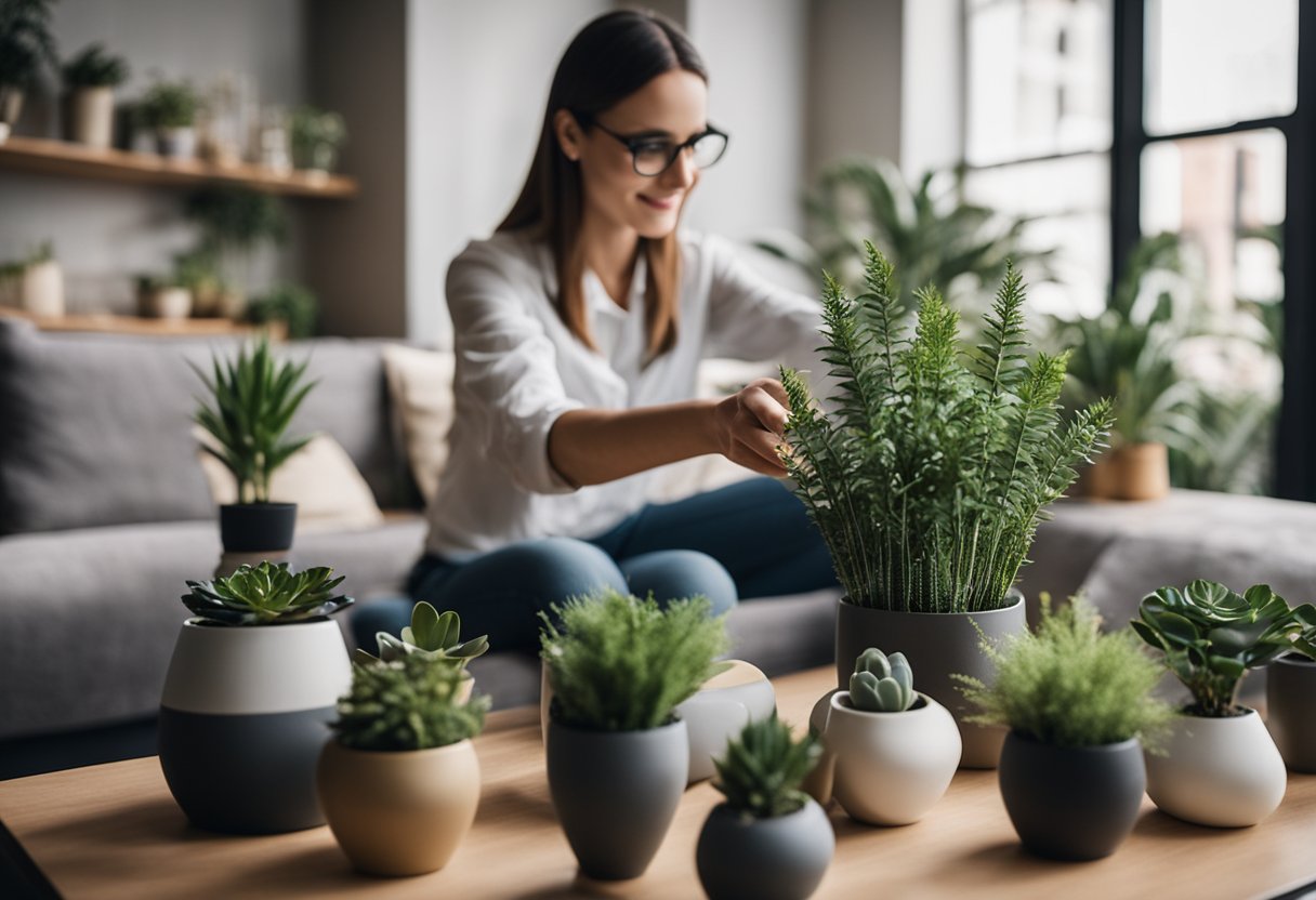 A person arranging artificial plants in a modern living room, using stylish pots and incorporating them into the overall interior design scheme