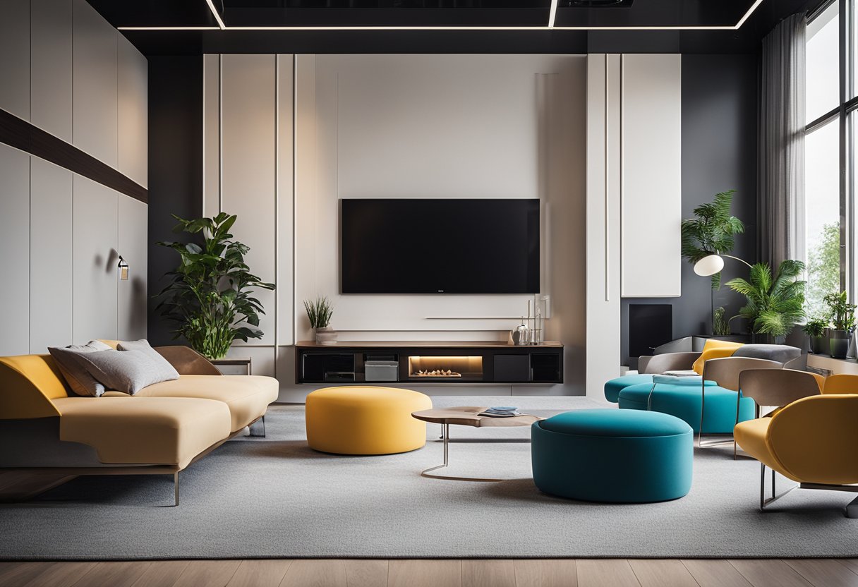 Vibrant, modern interior with sleek furniture and pops of color. Clean lines and innovative design elements create a dynamic and inviting space
