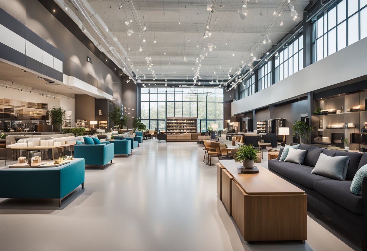 A spacious interior design center with sleek furniture displays, vibrant fabric swatches, and modern lighting fixtures. A large wall of windows floods the space with natural light, creating a welcoming and inspiring atmosphere