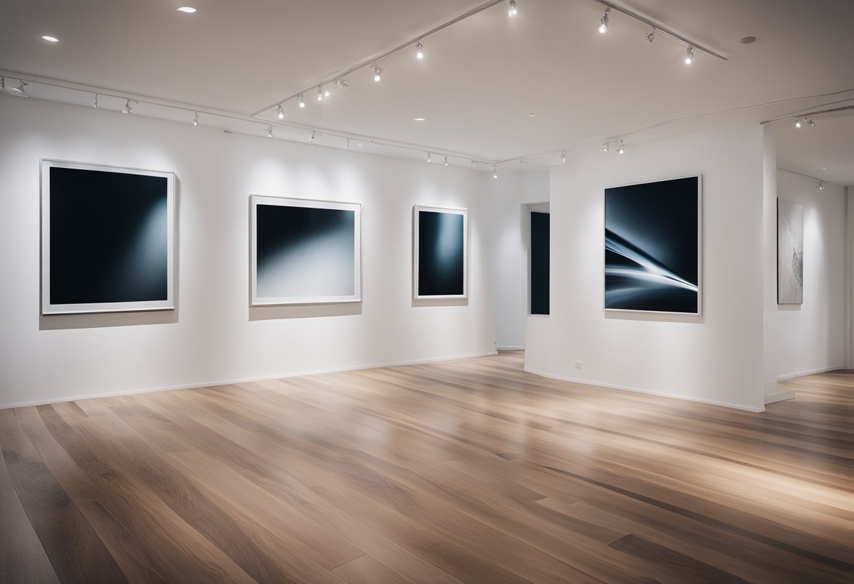 A well-lit gallery with sleek white walls, hardwood floors, and spotlights illuminating various framed interior design photos