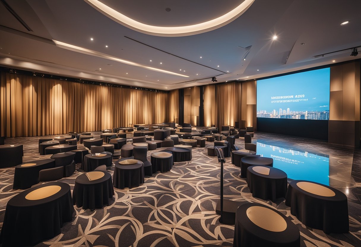 A sleek, modern interior design award ceremony in Singapore, with a stage, podium, and elegant seating arrangements
