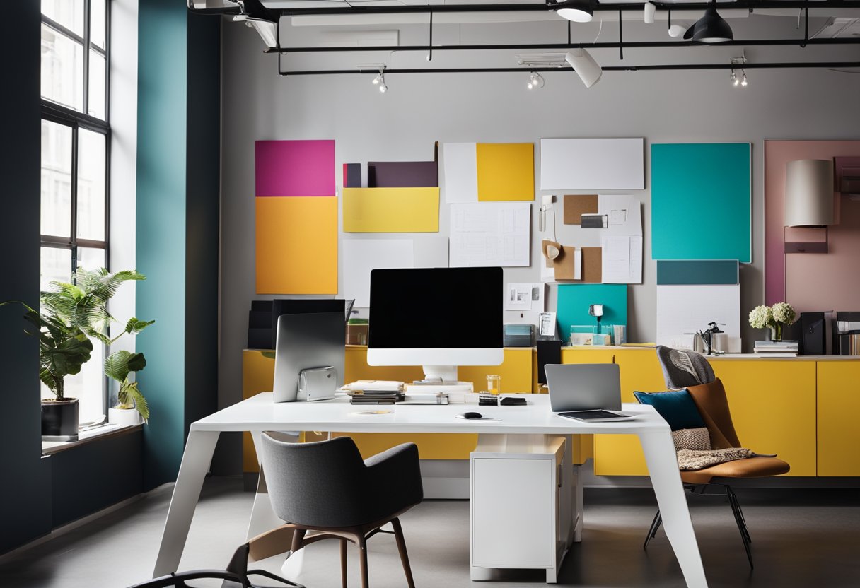 A sleek, modern office space with clean lines, vibrant pops of color, and stylish furniture. A large mood board filled with inspiration and swatches adorns one wall, while a team of designers collaborates in the background