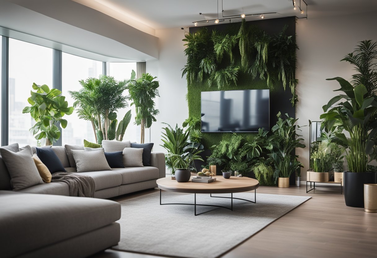 A modern living room with artificial plants in various corners, adding a touch of greenery to the sleek interior design