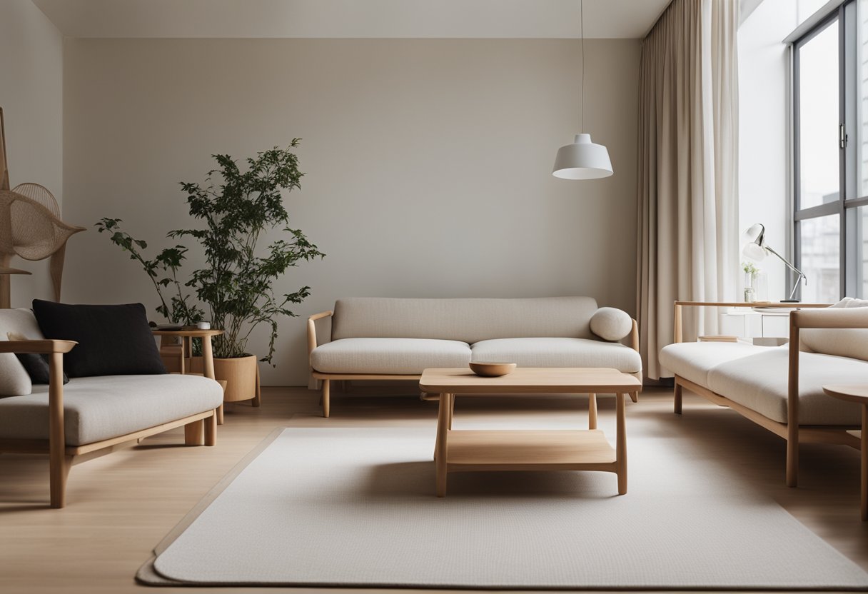 A minimalist Muji home interior with clean lines, natural materials, and neutral colors. Sparse furniture, uncluttered surfaces, and soft natural light