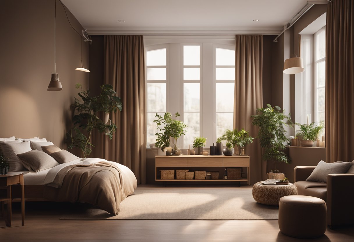 A cozy brown studio with modern furniture and warm lighting. A large window lets in natural light, casting a soft glow on the earthy tones of the room