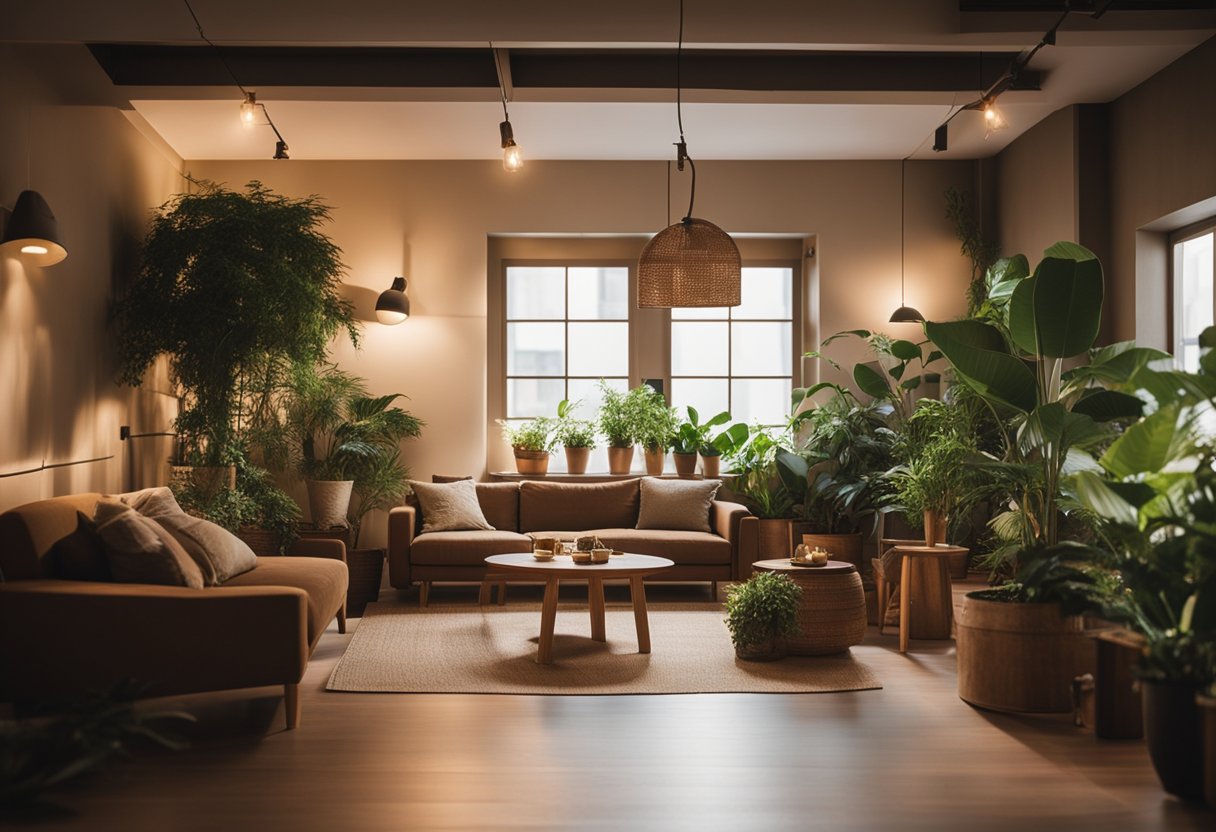 A cozy brown studio with warm lighting, wooden furniture, and green plants creating a natural and inviting atmosphere