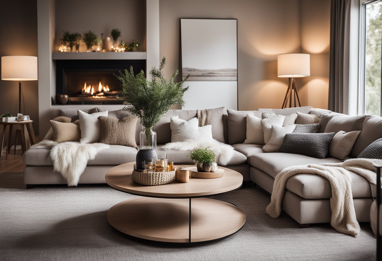 A cozy living room with a large, comfortable sectional sofa, a warm and inviting fireplace, and soft, ambient lighting. The room is decorated with neutral tones and natural textures, creating a calm and peaceful atmosphere