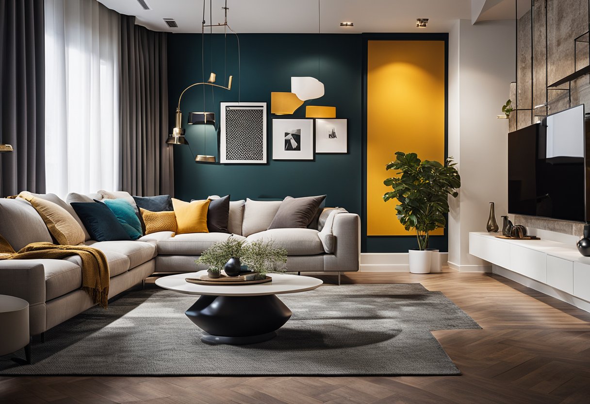 A modern living room with sleek furniture, vibrant color accents, and strategic lighting. Textured walls and statement artwork add depth and personality