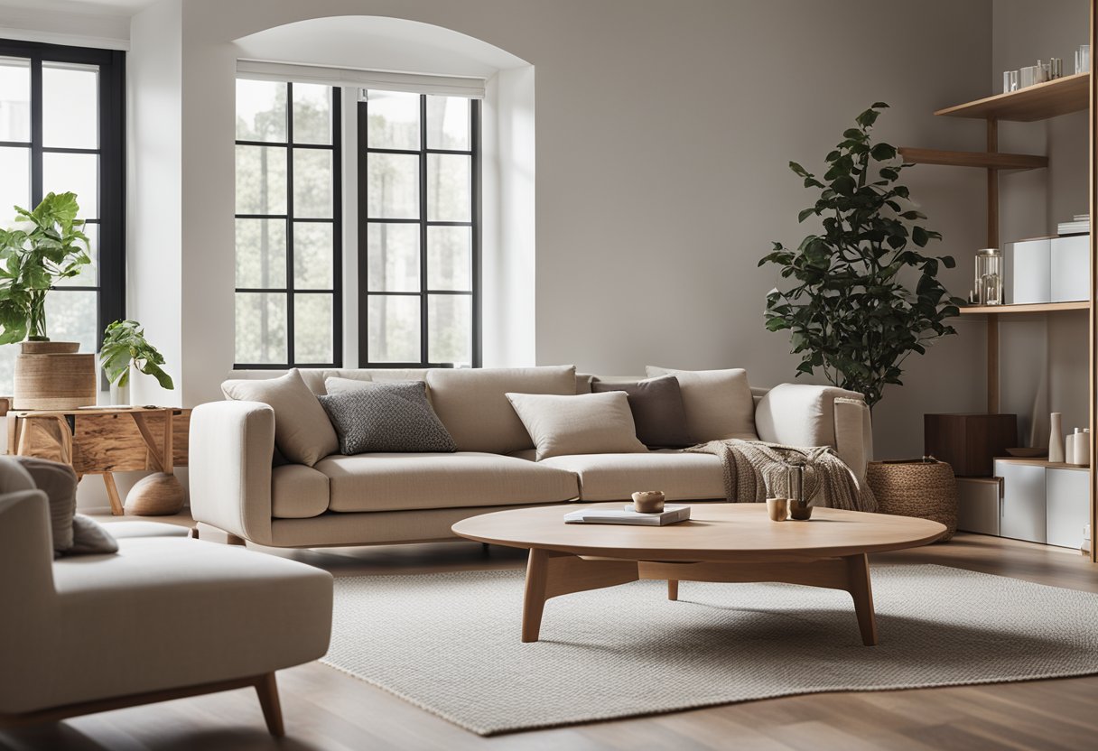 A minimalist living room with natural materials, neutral colors, and simple furniture. A clutter-free space with clean lines and plenty of natural light