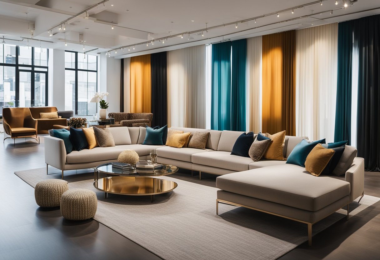 Natural light floods the spacious showroom, illuminating rows of luxurious furniture and vibrant fabric samples. A modern color palette and sleek design elements create an inviting atmosphere for clients to explore