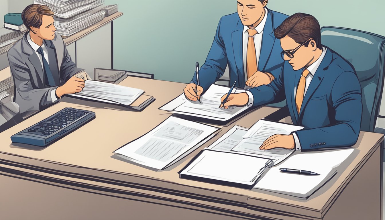 A businessman signing a document for a business loan, while another person signs a document for a personal loan. Both are sitting at a desk in a bank or financial institution