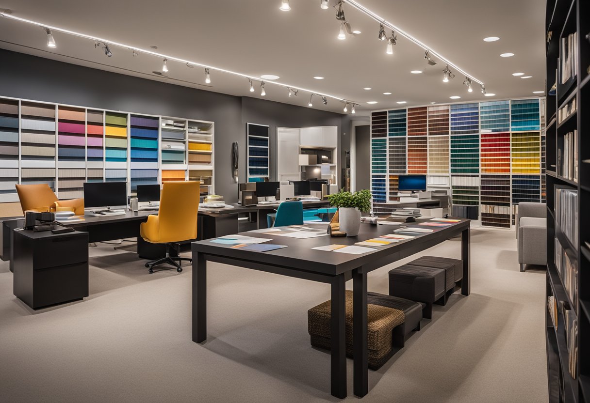 The design center features sleek furniture, vibrant fabric swatches, and a wall lined with paint samples. A large work table sits in the center, surrounded by design books and mood boards