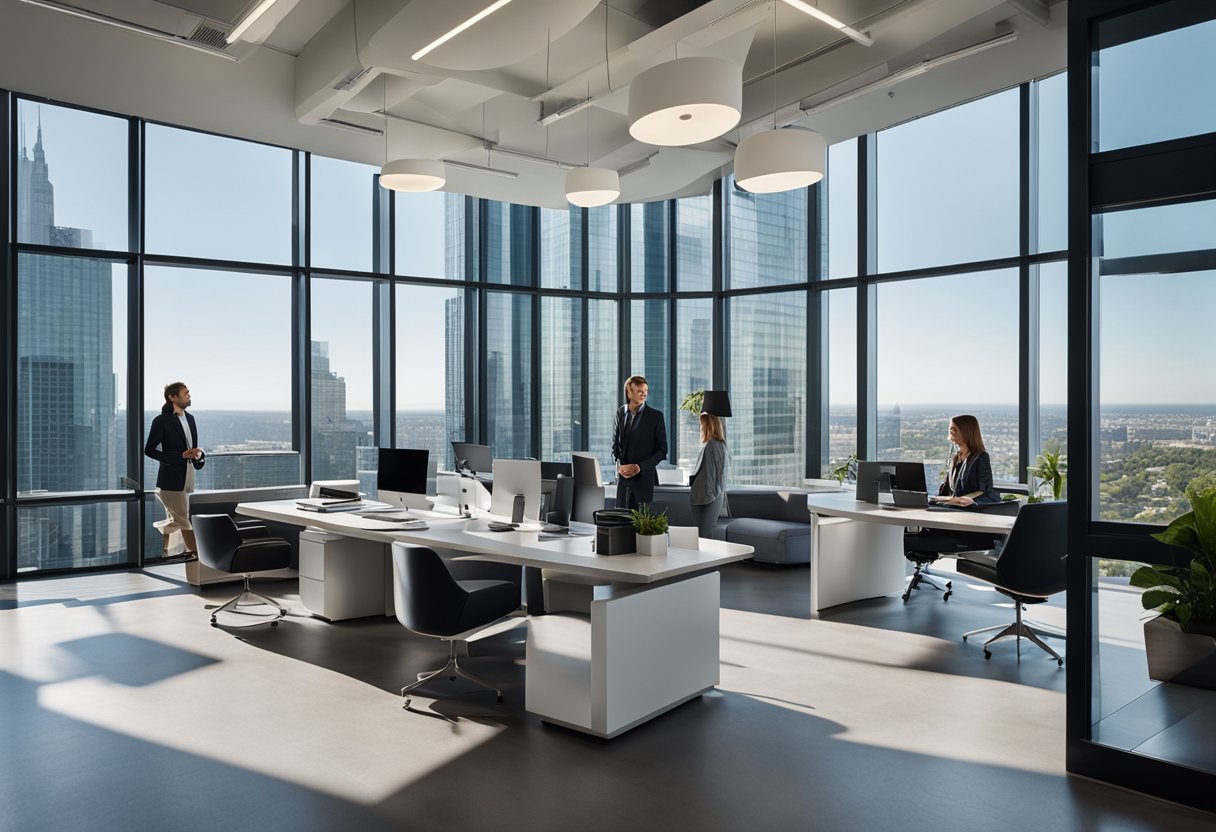 A modern office with sleek furniture, vibrant color accents, and large windows showcasing city views. A team of designers collaborates in a stylish meeting area, while a receptionist greets clients at the front desk