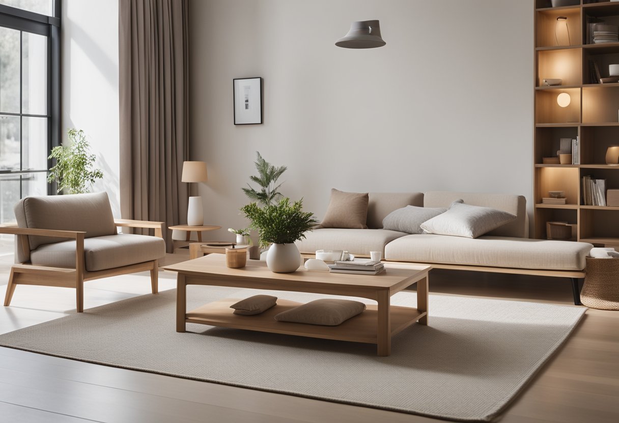 A minimalist living room with Muji furniture and neutral colors, featuring a low wooden coffee table, floor cushions, and a wall-mounted shelf with simple decor