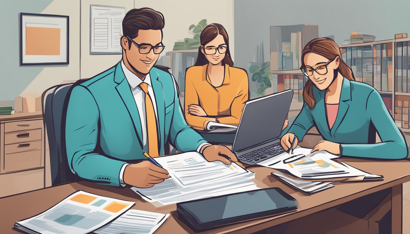 A business owner signs a loan agreement with a bank, while a person signs a personal loan agreement with a different bank. The business owner is surrounded by business-related documents and a computer, while the person is surrounded by personal financial documents and a family photo