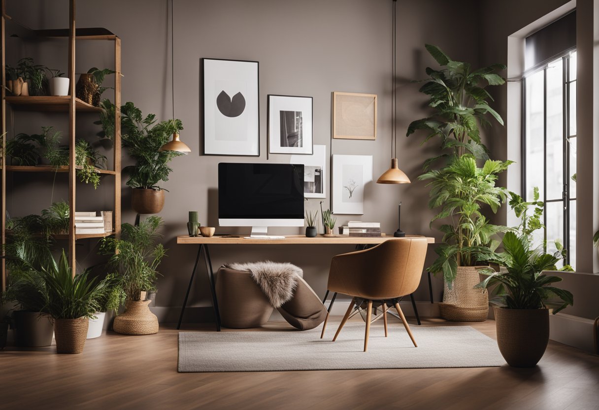A cozy brown studio with modern furniture and plants. A large desk with a computer, shelves with design books, and a comfortable seating area