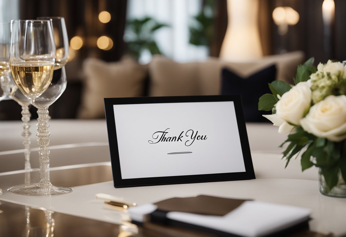 An elegant hand-written thank you note sits on a beautifully designed interior space, surrounded by luxurious furnishings and tasteful decor