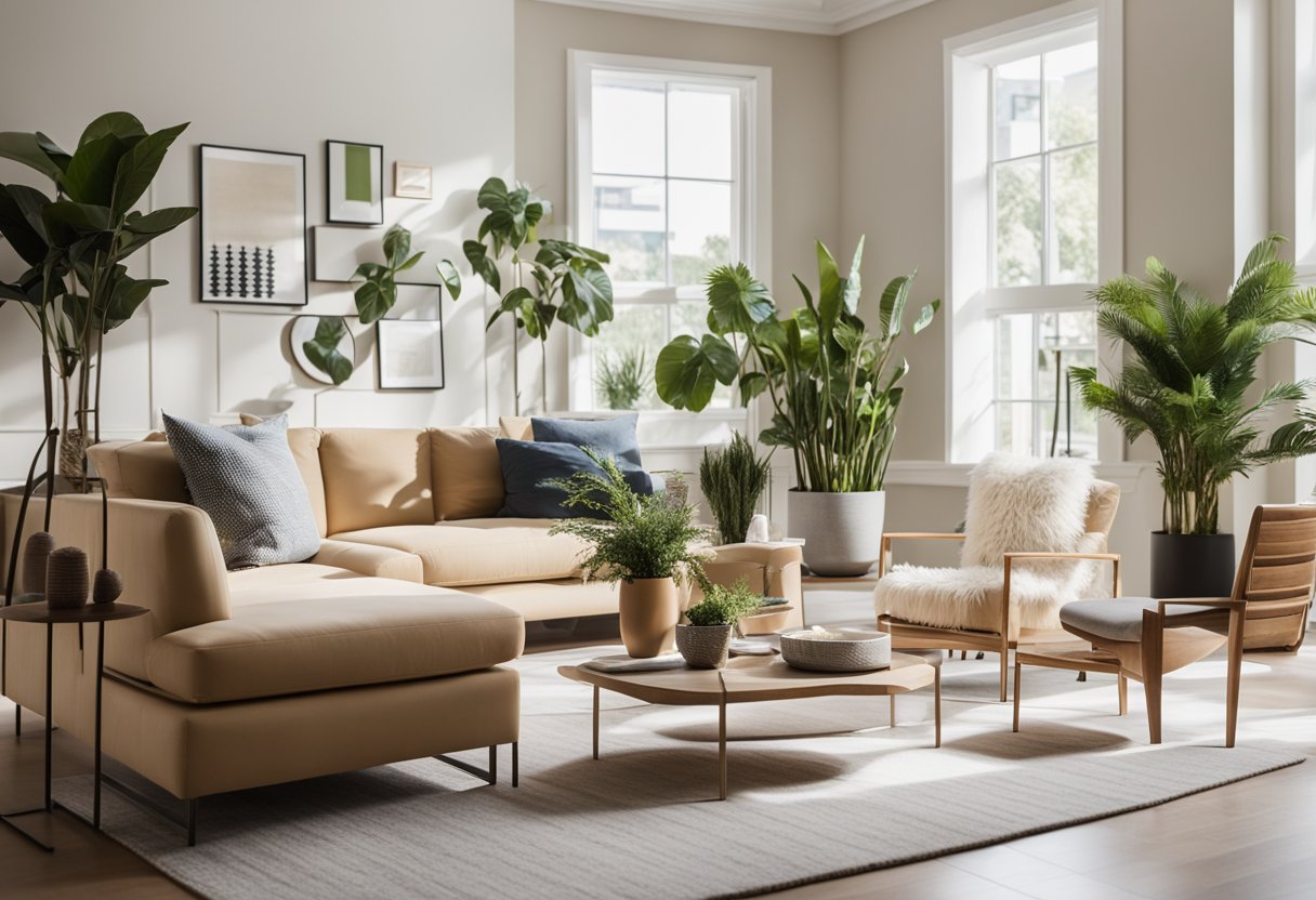 A well-lit living room with modern furniture, vibrant wall art, and potted plants. Clean lines and a neutral color palette create a contemporary and inviting space