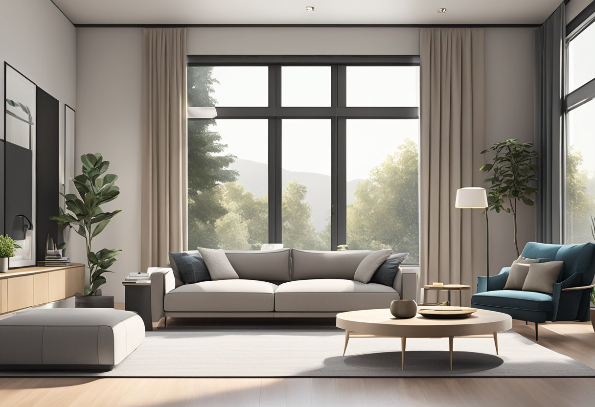 A modern living room with neutral tones, clean lines, and minimalistic furniture. Large windows let in natural light, highlighting the sleek and sophisticated design