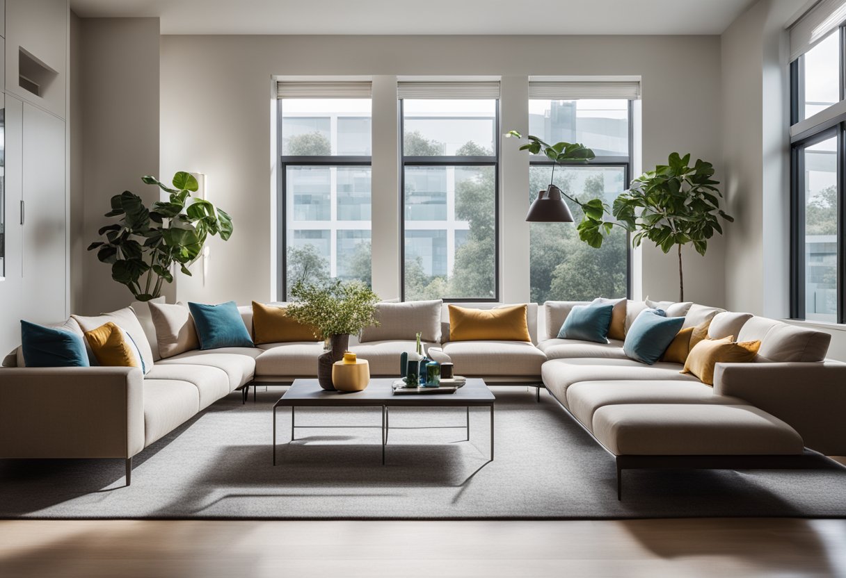 A bright, modern living room with sleek furniture and vibrant artwork on the walls. Natural light floods in through large windows, illuminating the space