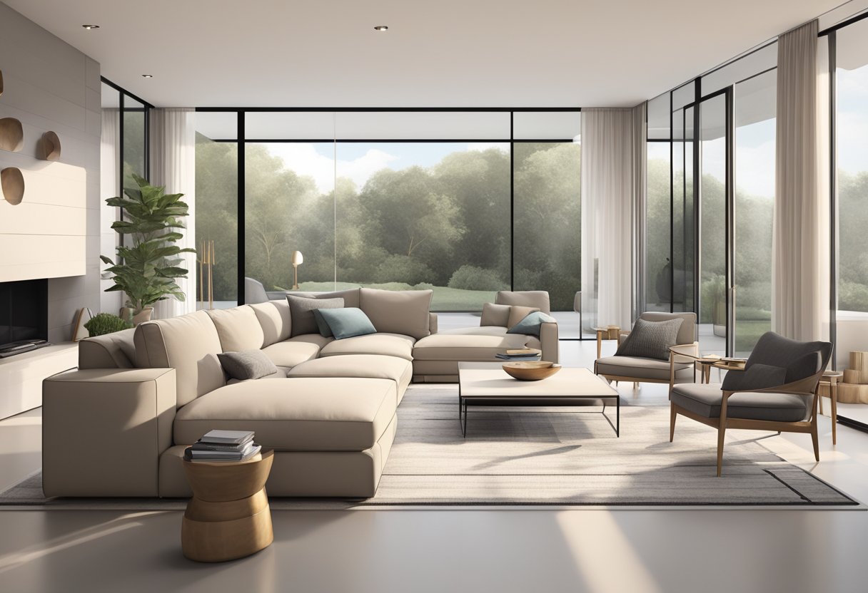 A modern living room with clean lines, neutral colors, and minimalistic furniture. Large windows let in natural light, and a statement piece of art hangs on the wall