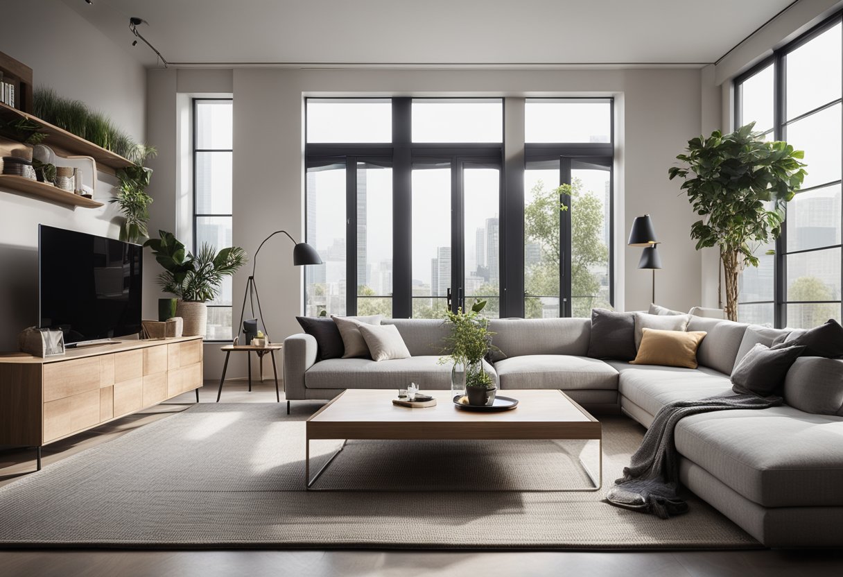 A modern living room with a minimalist color scheme, sleek furniture, and large windows allowing natural light to fill the space