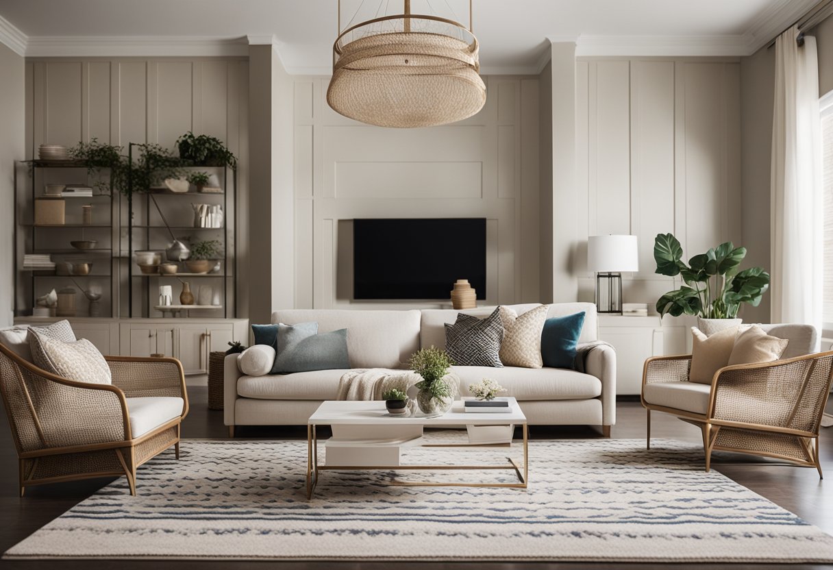 A well-lit living room with a neutral color palette, modern furniture, and geometric patterns on the rug and throw pillows