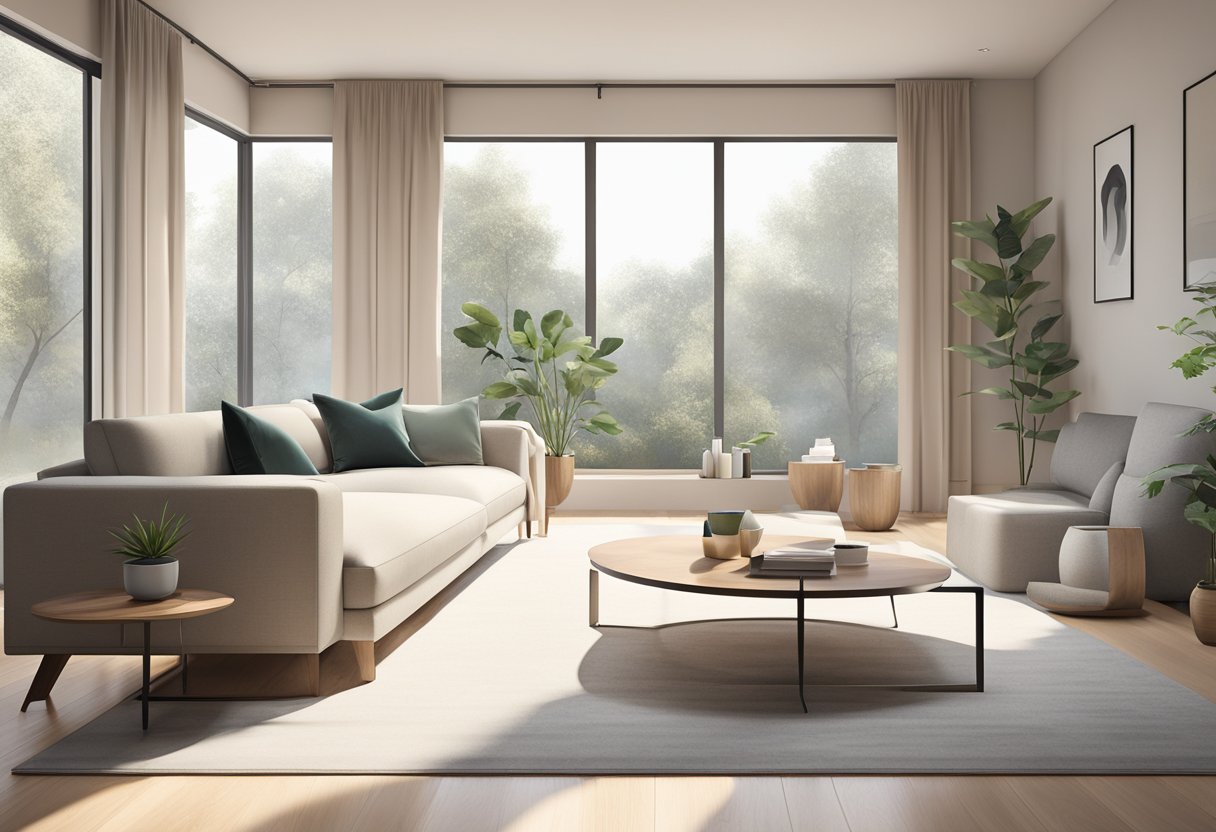 A modern, minimalist living room with neutral tones, clean lines, and natural light streaming in through large windows