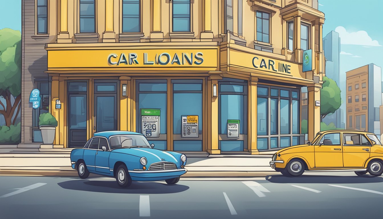 A car parked next to a bank with a sign displaying "car loans" while another sign inside the bank reads "personal line of credit."