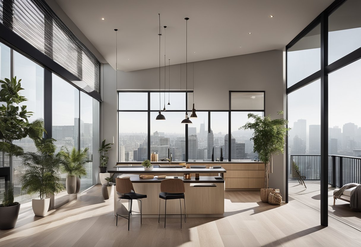 The open-concept living area features floor-to-ceiling windows, allowing natural light to flood the space. The minimalist design incorporates sleek, built-in storage solutions to maximize space