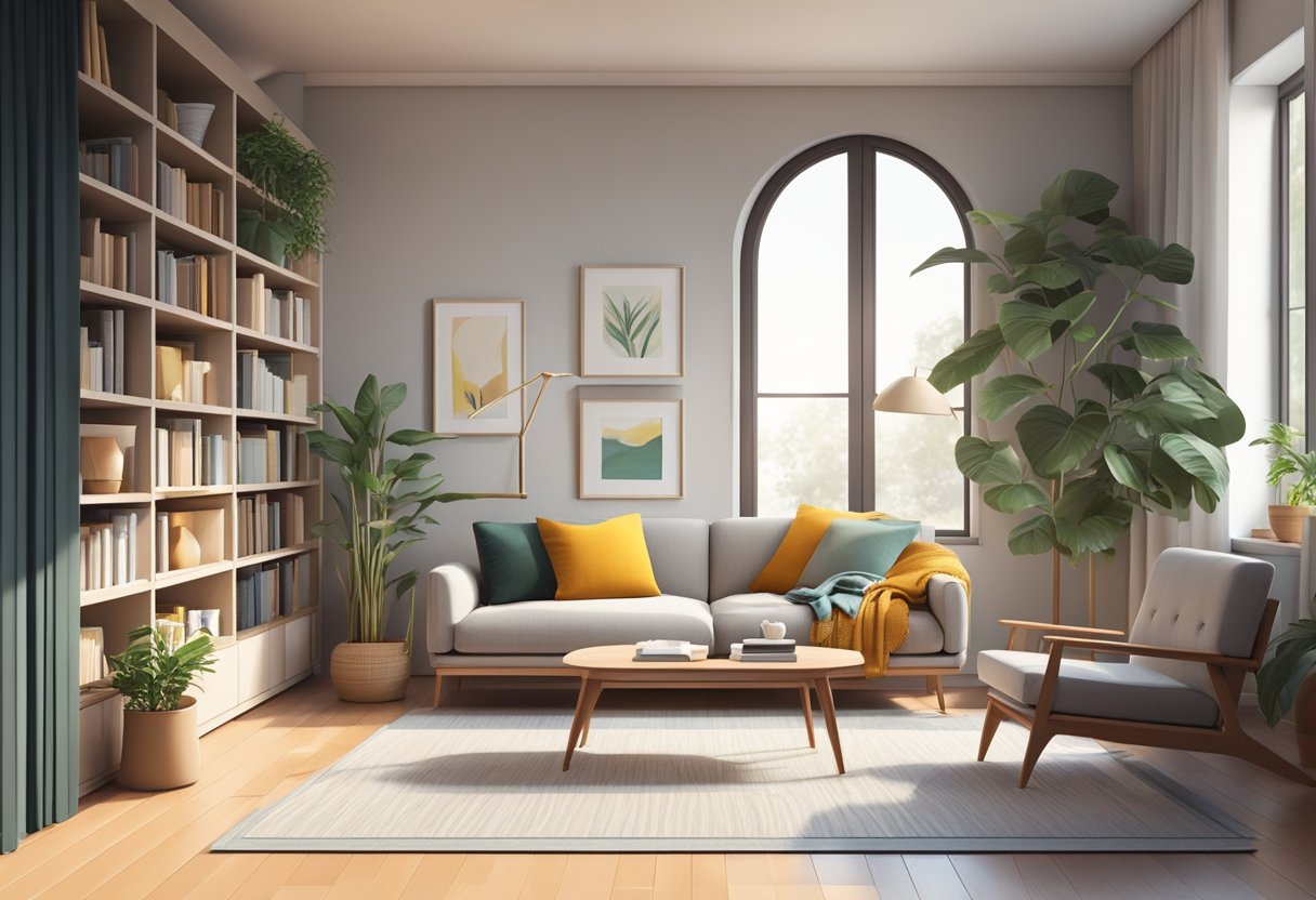 A modern living room with clean lines and minimalistic furniture. A large bookshelf filled with design books and plants. A cozy reading nook with a comfortable armchair and a floor lamp