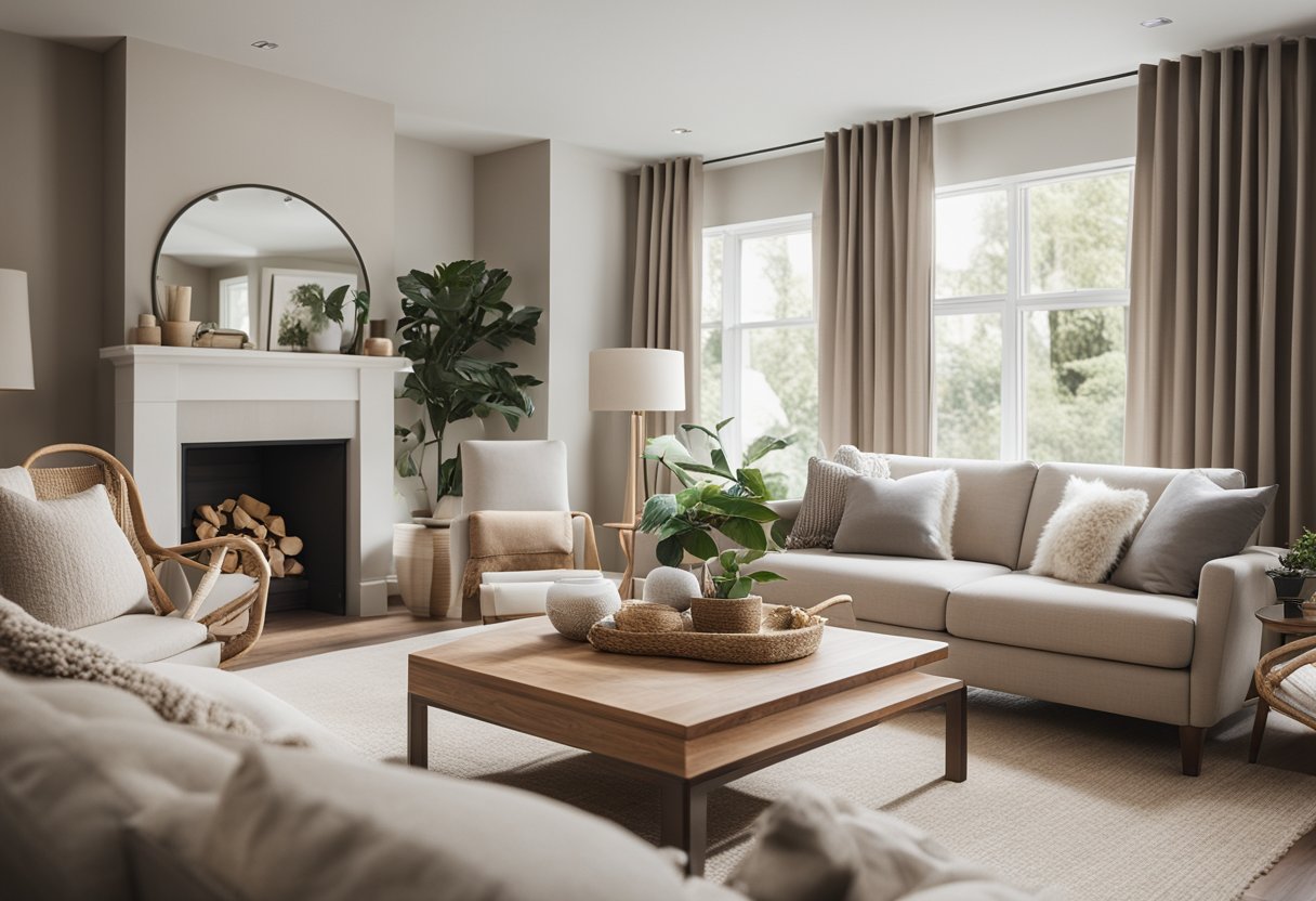 A well-lit living room with balanced furniture, neutral color palette, and natural textures creating a harmonious and inviting atmosphere