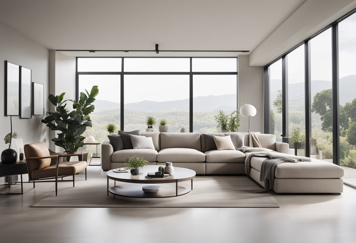 A modern, minimalist living room with a sleek, neutral color palette. Clean lines, open space, and natural light create a serene atmosphere