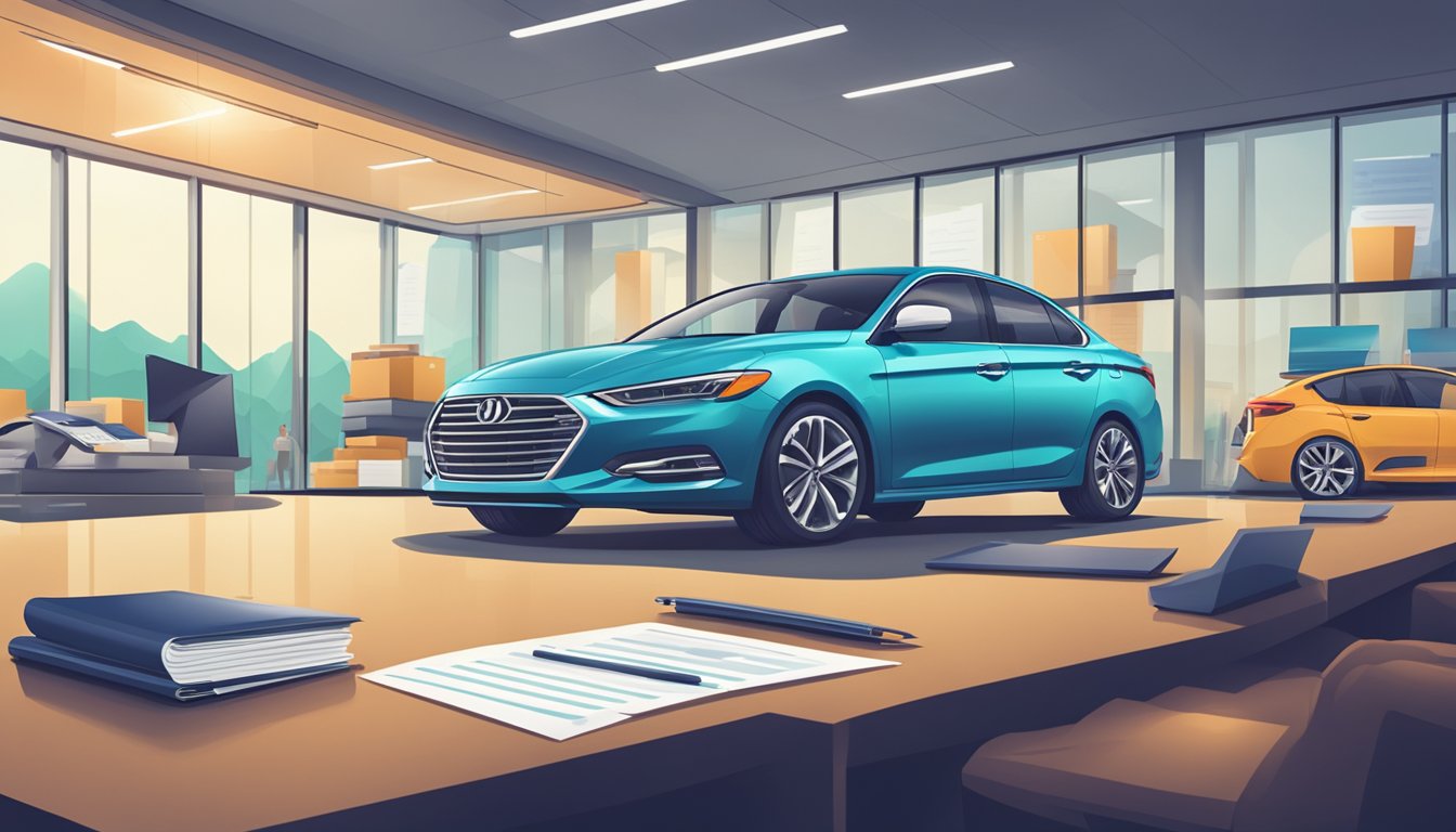 A car sitting in a dealership showroom with a sign comparing car loans and personal lines of credit. The car is surrounded by financial documents and calculators