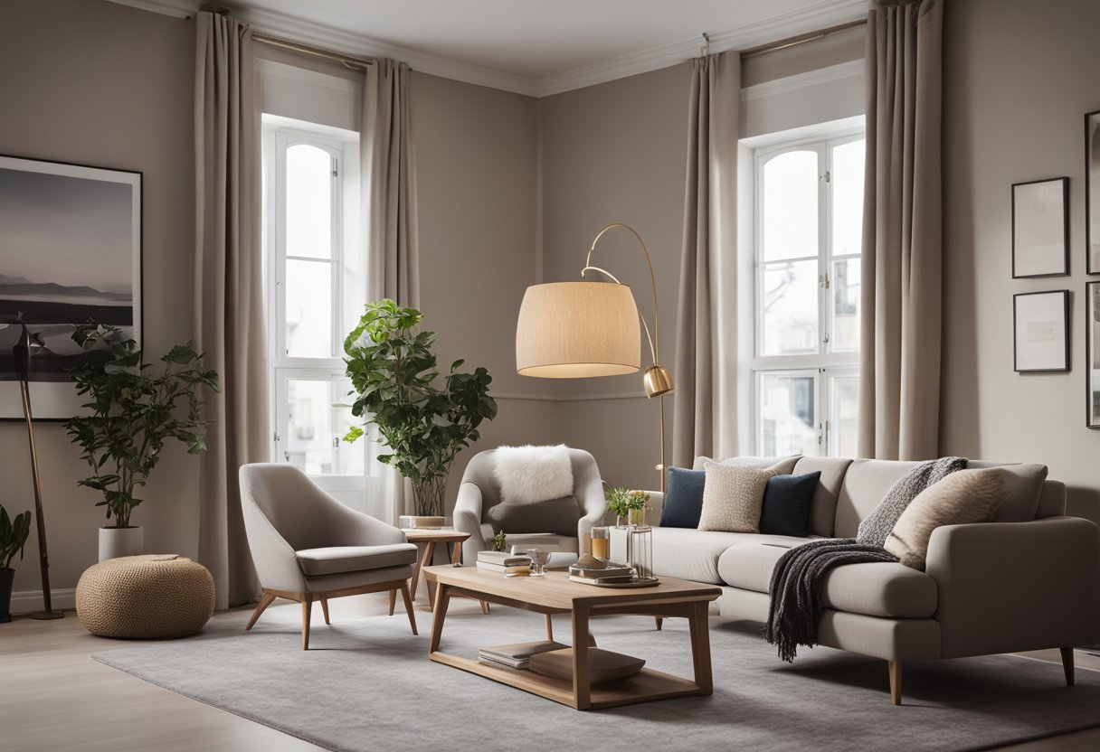 A modern living room with sleek furniture, large windows, and a neutral color palette. A cozy reading nook with a plush armchair and a floor lamp