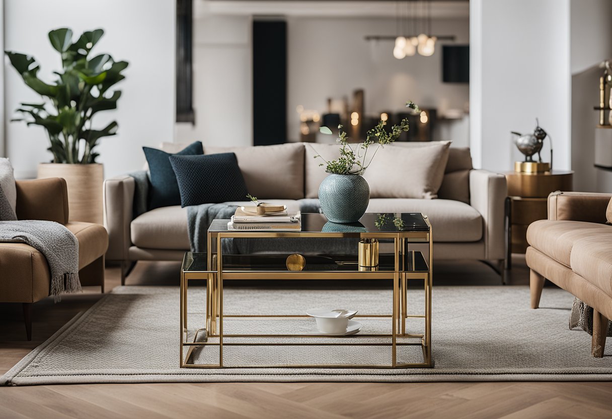 A spacious living room with a large, intricately designed scale as the focal point. The scale is placed on a sleek, modern side table, surrounded by carefully curated decor and furniture