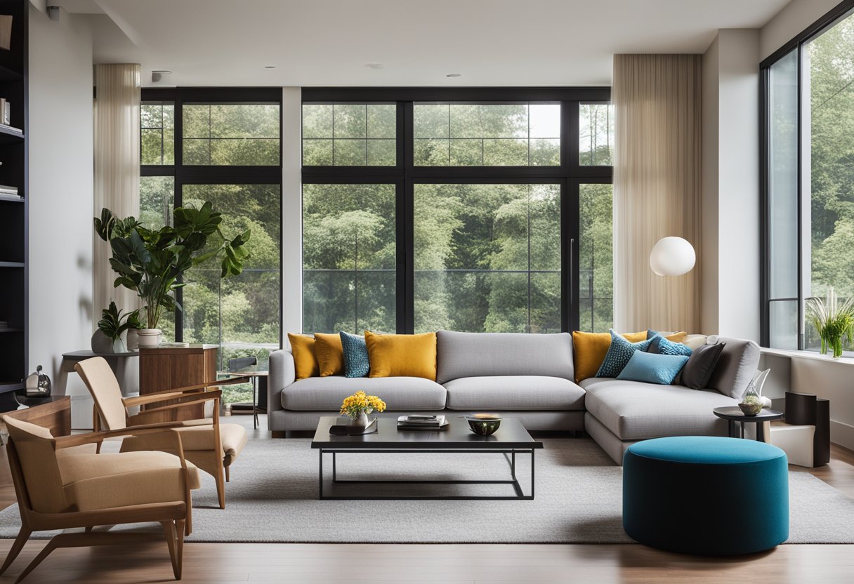 A modern living room with sleek furniture, clean lines, and pops of vibrant color. Large windows let in natural light, illuminating the space